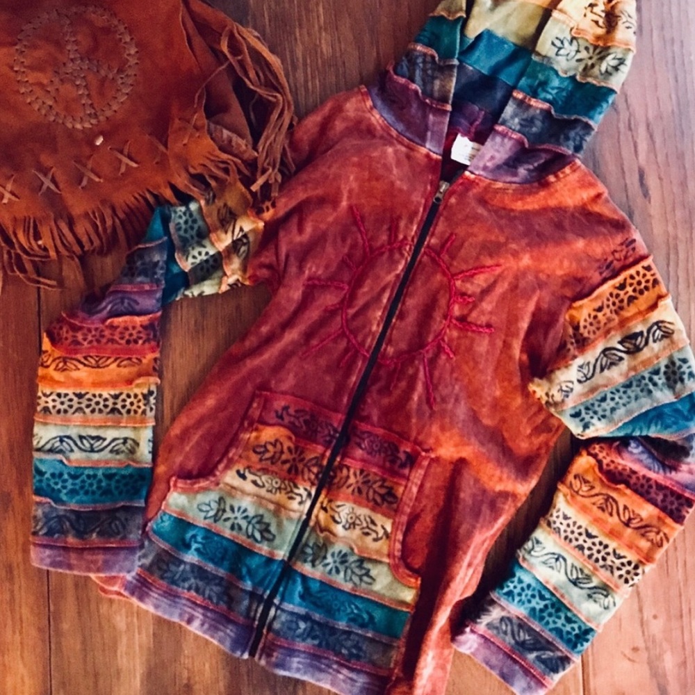 Boho Graphic hoody zip up jacket made in Nepal.